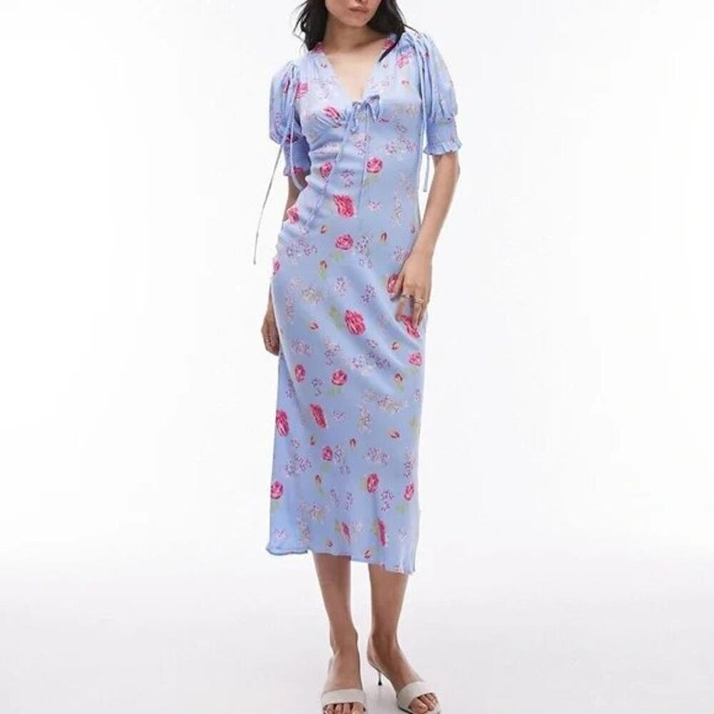 Topshop Midi Dress Tie Detail in Vintage Floral Print Size 12 Multicolor Boho